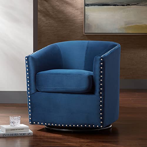 Navy Blue Swivel Accent Chair with Nail Head Trim