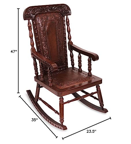 Handmade Brown Wood and Leather Rocking Chair
