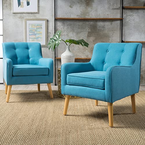 Mid-Century Teal Fabric Arm Chair Set - 2 Pieces
