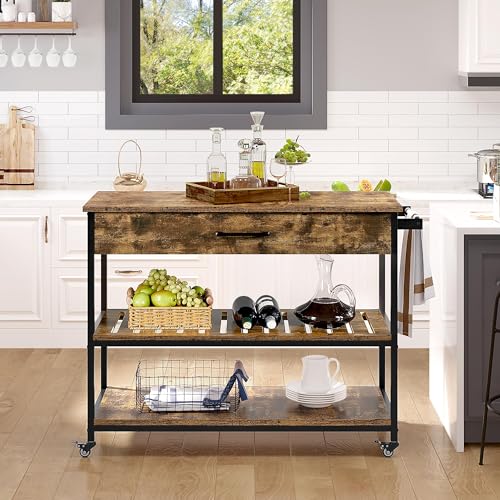 Rustic Brown Rolling Kitchen Island with Storage Shelf