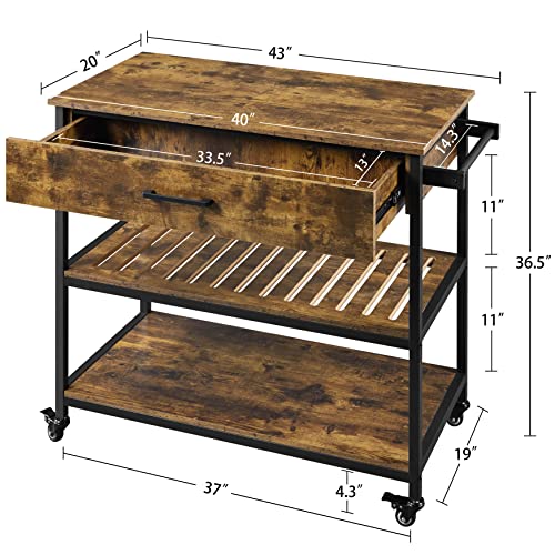 Rustic Brown Rolling Kitchen Island with Storage Shelf