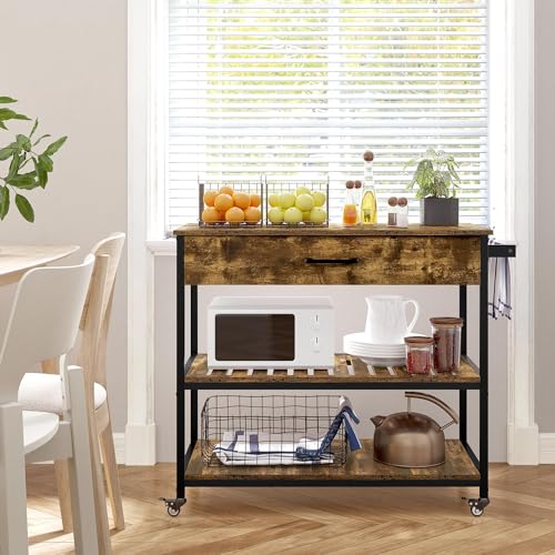 Rustic Brown Rolling Kitchen Island with Storage Shelf