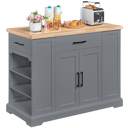 Rolling Kitchen Island with Rubberwood Countertop, Storage Cabinet