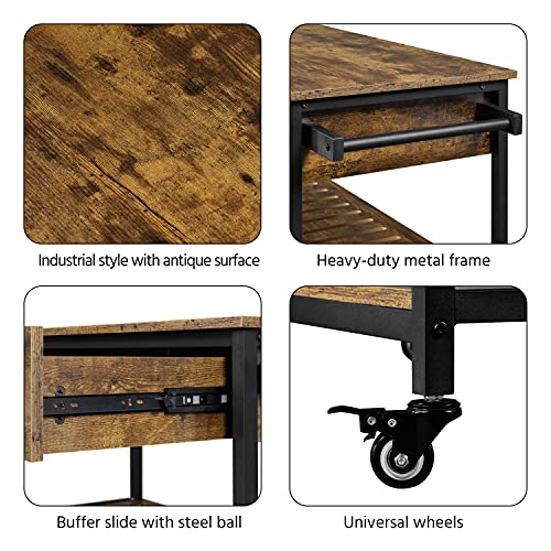 Rustic Brown Rolling Kitchen Island with Storage Shelf