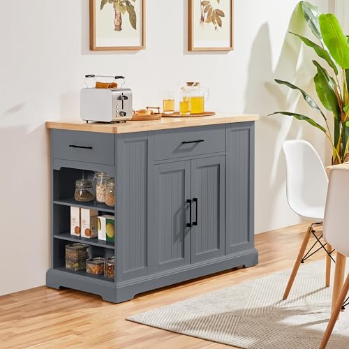 Rolling Kitchen Island with Rubberwood Countertop, Storage Cabinet