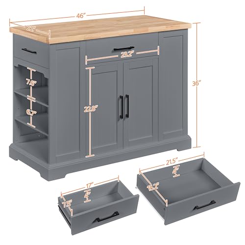 Rolling Kitchen Island with Rubberwood Countertop, Storage Cabinet
