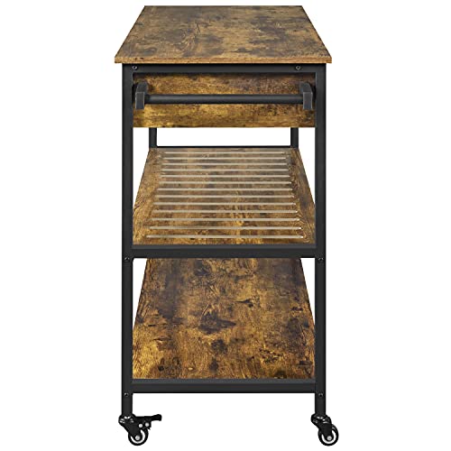Rustic Brown Rolling Kitchen Island with Storage Shelf