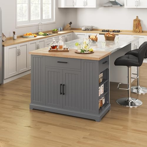 Rolling Kitchen Island with Rubberwood Countertop, Storage Cabinet