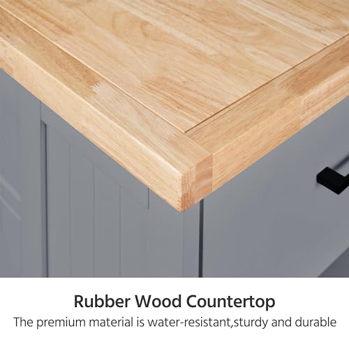 Rolling Kitchen Island with Rubberwood Countertop, Storage Cabinet