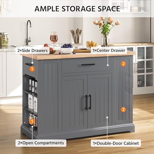 Rolling Kitchen Island with Rubberwood Countertop, Storage Cabinet