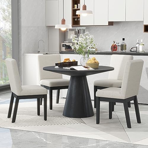 46.5" Modern Round Dining Table for 4-6, Black Wood