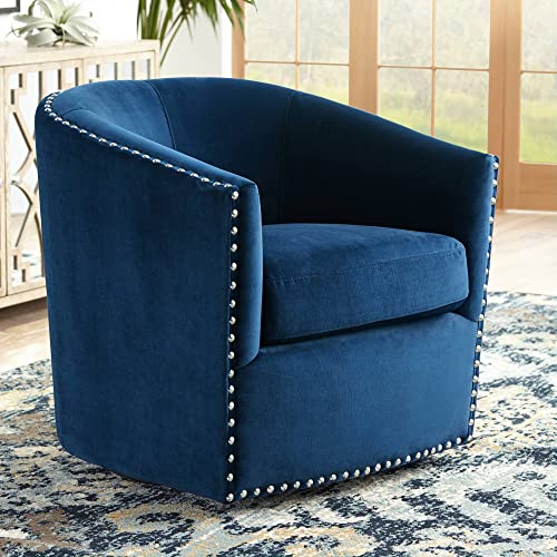 Navy Blue Swivel Accent Chair with Nail Head Trim