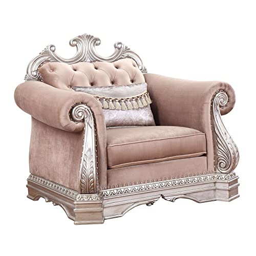 Velvet Upholstered Chair with Pillow in Antique Silver