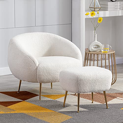 Mid-Century Modern White Accent Chair & Ottoman
