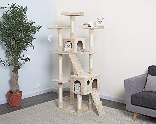 Go Pet Club 72" Premium Cat Tree Kitty Tower Kitten Condo for Indoor Cats with Scratching Posts, Condos, Ladders, Soft Perches, and Hanging Toy Cat Activity Center Furniture, Beige