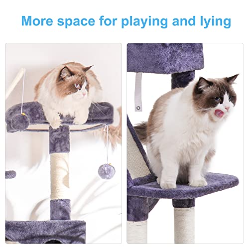 Hey-brother Cat Tree, 61 inch Cat Tower for Indoor Cats, Cat House with Padded Platform Bed, Toy Balls, Large Cozy Condo, Hammocks and Sisal Scratching Posts, Smoky Gray MPJ019G