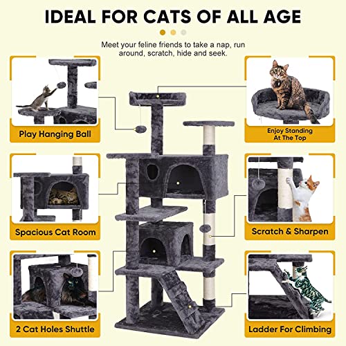 54in Cat Tree Tower for Indoor Cats Multi-Level Cat Condo Cat Bed Furniture with Scratching Post Kittens Activity Center