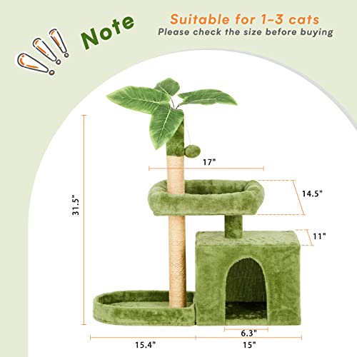 TSCOMON 31.5" Cat Tree Cat Tower for Indoor Cats with Green Leaves, Cat Condo Cozy Plush Cat House with Hang Ball and Leaf Shape Design, Cat Furniture Pet House with Cat Scratching Posts, Green