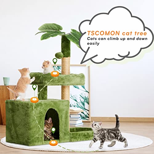 TSCOMON 31.5" Cat Tree Cat Tower for Indoor Cats with Green Leaves, Cat Condo Cozy Plush Cat House with Hang Ball and Leaf Shape Design, Cat Furniture Pet House with Cat Scratching Posts, Green