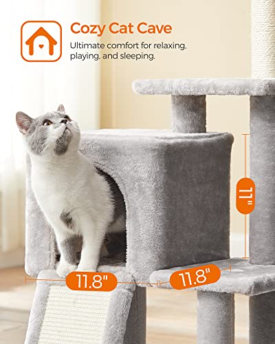 Feandrea Cat Tree, Small Cat Tower for Indoor Cats, Kittens, Multi-Level Plush Cat Condo, 16.5 x 12.6 x 46.5 Inches, Scratching Post, Ramp, 3 Removable Pompom Sticks, Cat Cave, Light Gray UPCT143W01