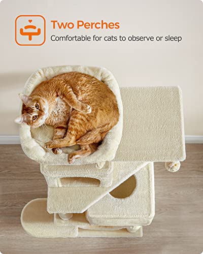 Feandrea Cat Tree, 61-Inch Cat Tower for Indoor Cats, Plush Multi-Level Cat Condo with 5 Scratching Posts, 2 Perches, 2 Caves, Hammock, 2 Pompoms, Beige UPCT192M01