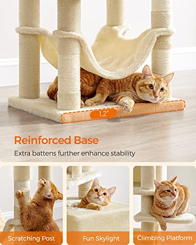 Feandrea Cat Tree, 61-Inch Cat Tower for Indoor Cats, Plush Multi-Level Cat Condo with 5 Scratching Posts, 2 Perches, 2 Caves, Hammock, 2 Pompoms, Beige UPCT192M01