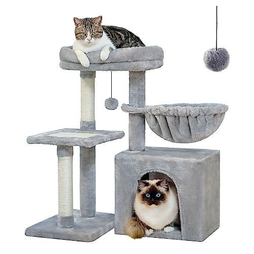 Grey Cat Tree with Hammock & Scratching Posts
