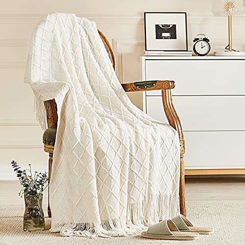 Off White Knit Throw Blanket with Tassel, 50"x60