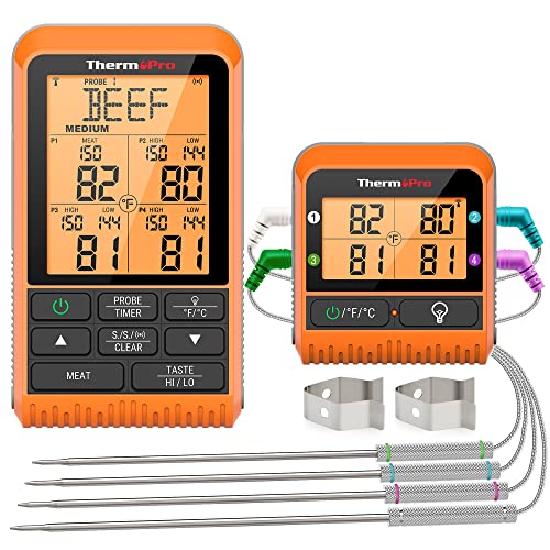 Wireless BBQ Grill Thermometer with 4 Probes, 1000FT+ Range