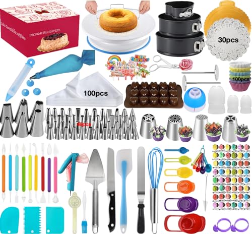 Cake Decorating Kit with Springform Pans, Turntable & Tips
