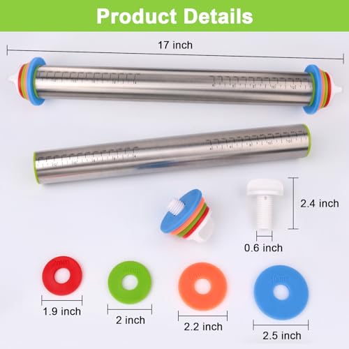 Adjustable Rolling Pin with Thickness Rings, Stainless Steel