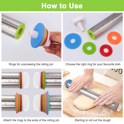 Adjustable Rolling Pin with Thickness Rings, Stainless Steel