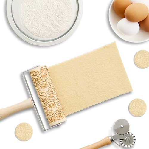 Floral Scroll Mini Embossing Rolling Pin, Poplar Wood
