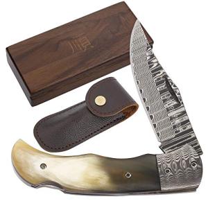 YOUSUNLONG Folding Knife - Japanese Damascus Steel, Leather Sheath