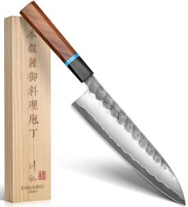KAWAHIRO Japanese Chef Knife, 8 Inch Hand Forged Razor Sharp VG10 Kitchen Knife for Effortless Meat & Veggie Slicing, Professional Gyuto with Ergonomic Octagonal Handle, Premium Gift Box