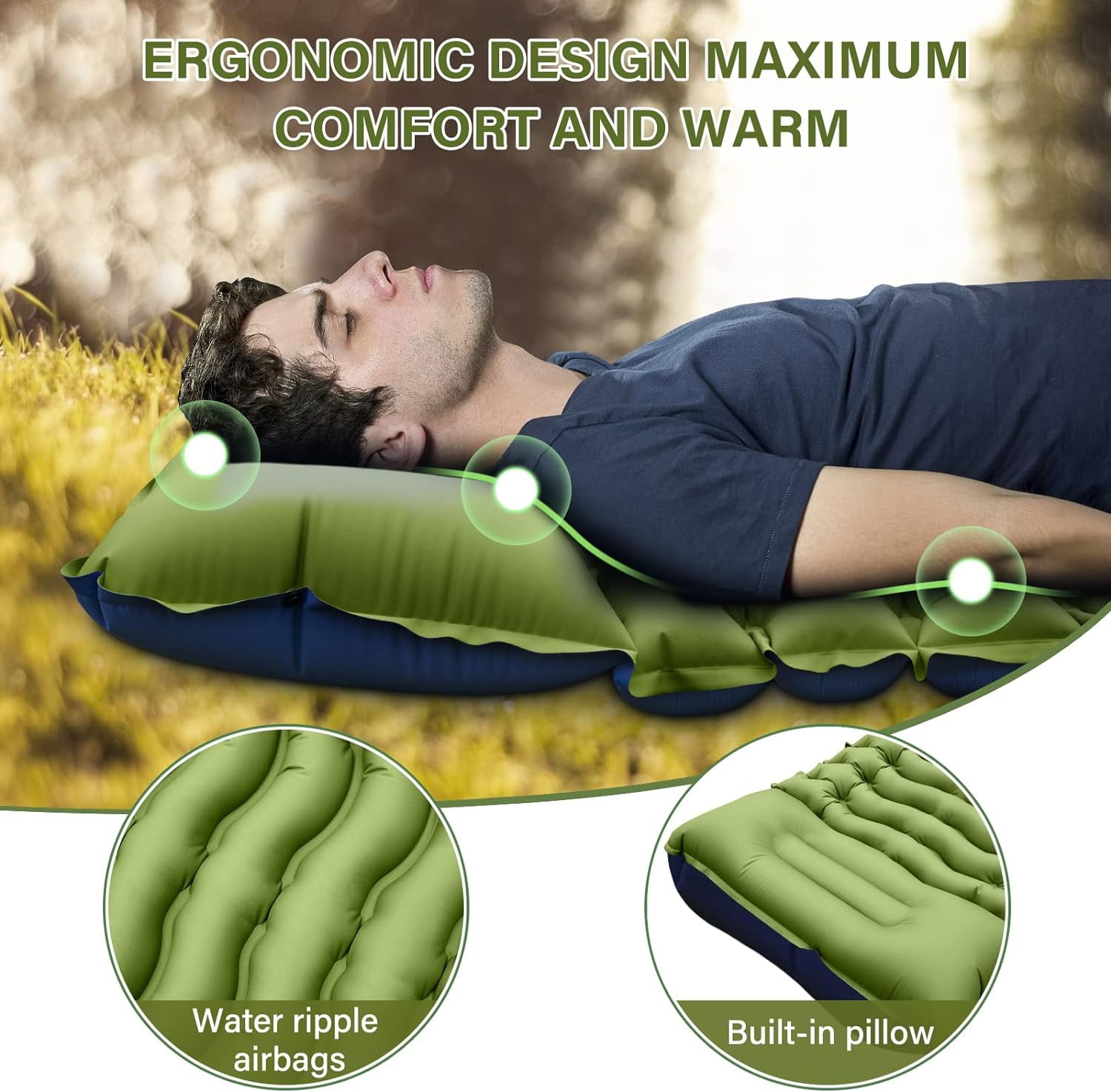 Extra thick inflatable sleeping pad with air pillow