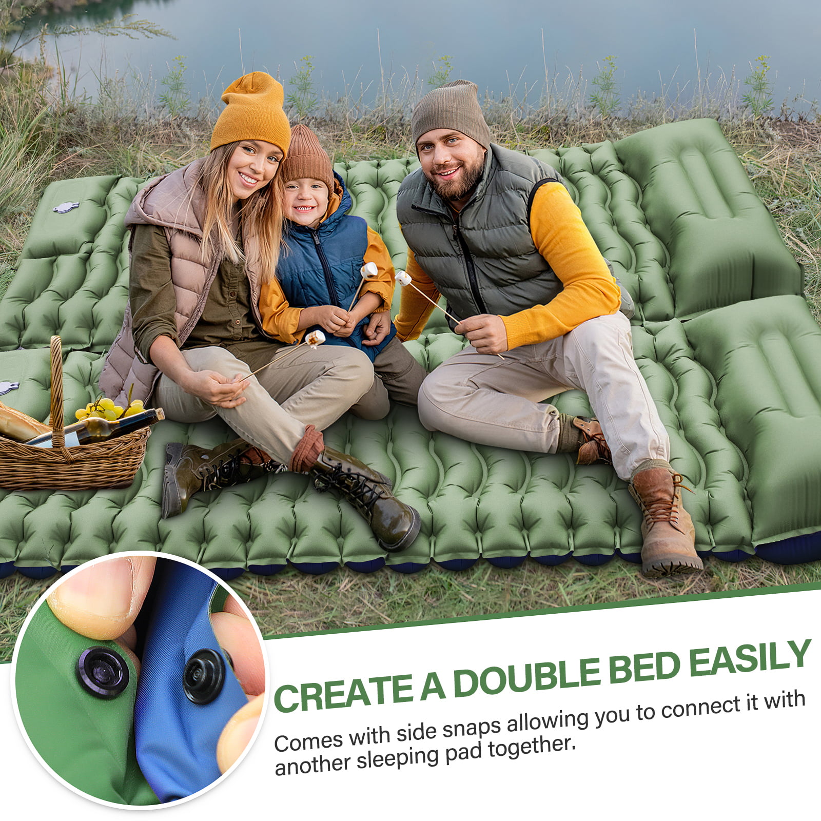 Extra thick inflatable sleeping pad with air pillow