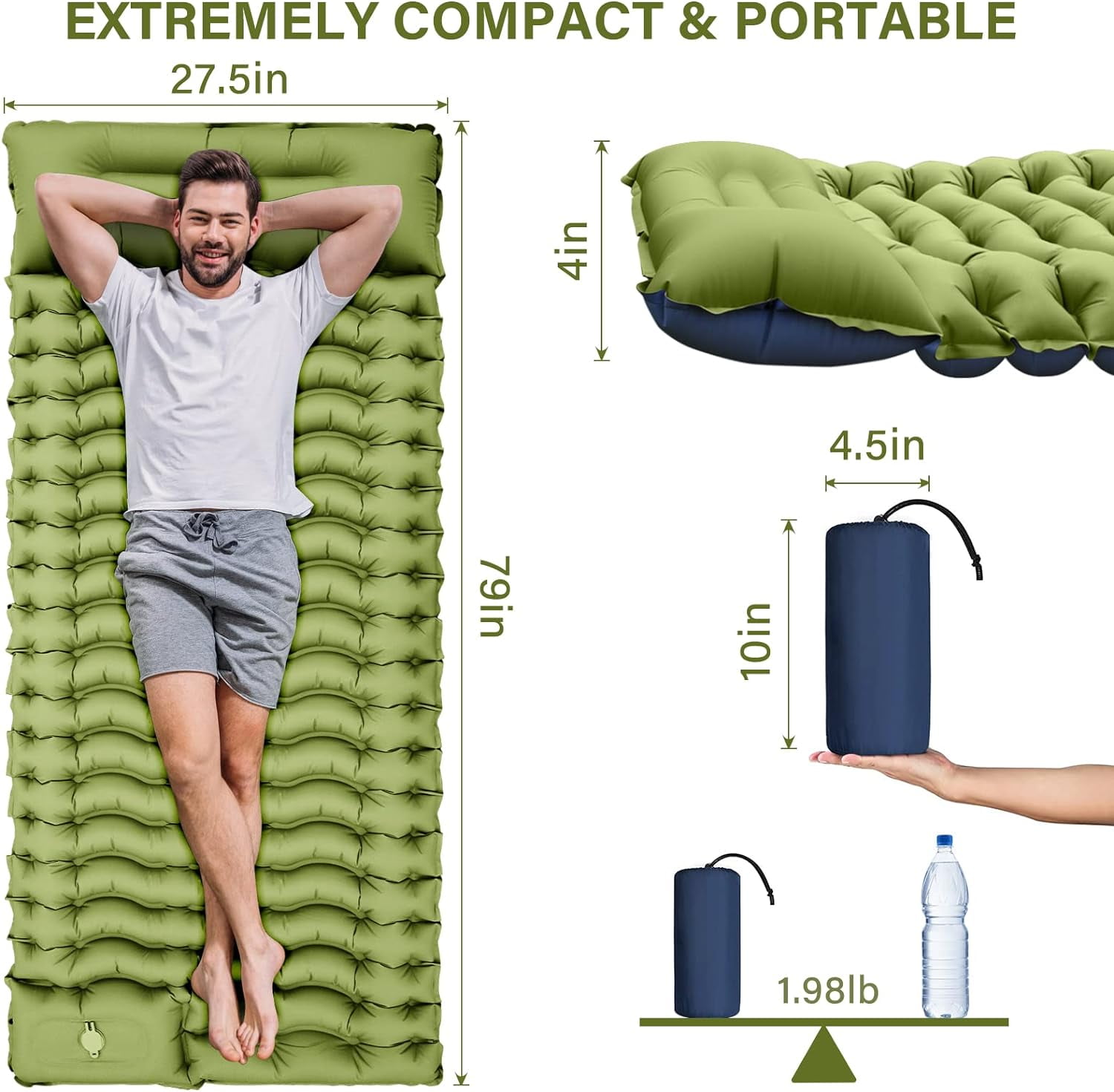 Extra thick inflatable sleeping pad with air pillow