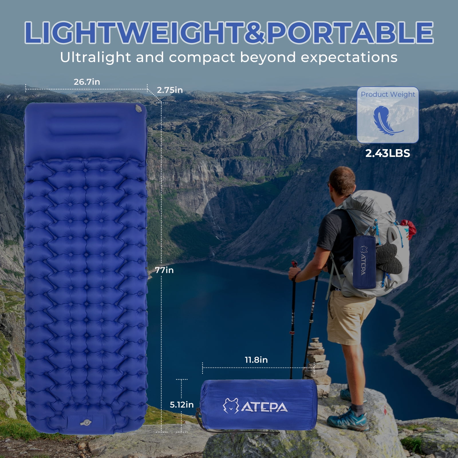 ATEPA Ultralight Inflatable Camping Air Mattress with Pillow