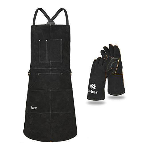 Multi-Pocket Leather Work Apron with Gloves for Woodworking
