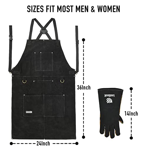Multi-Pocket Leather Work Apron with Gloves for Woodworking