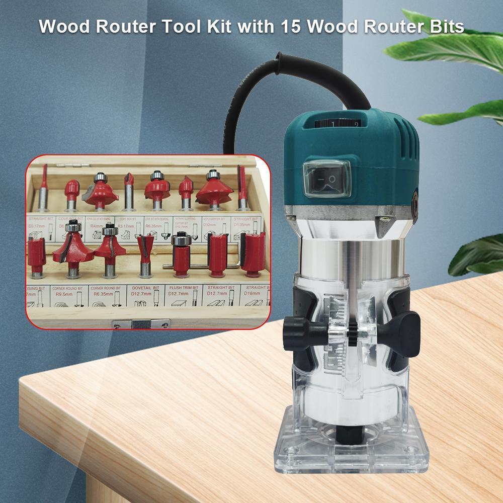800W Wood Router Kit + 15 Bits & Adjustable Speeds