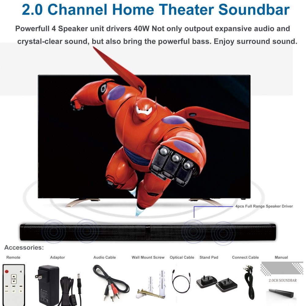 Wireless Soundbar with Subwoofer and Optical for TV