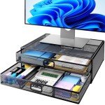Metal Mesh Monitor Stand with Drawer Organizer