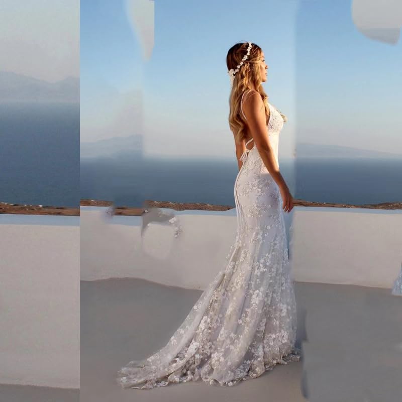 Lace Applique Mermaid V Neck Wedding Dress Bride