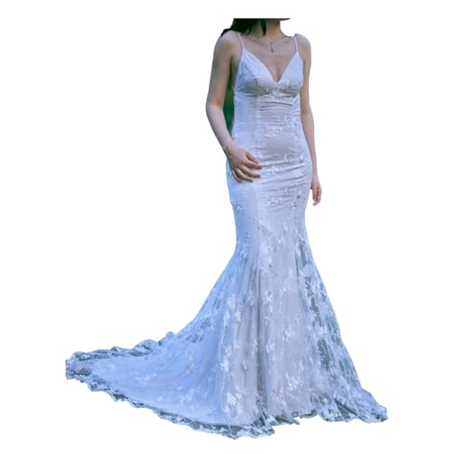 Lace Applique Mermaid V Neck Wedding Dress Bride
