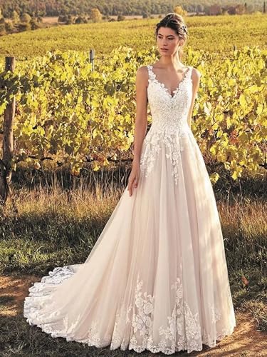 Ivory Lace V-Neck Bridal Wedding Dress Appliques Straps
