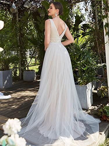 Elegant V-Neck Lace Backless Wedding Dress - Size US12