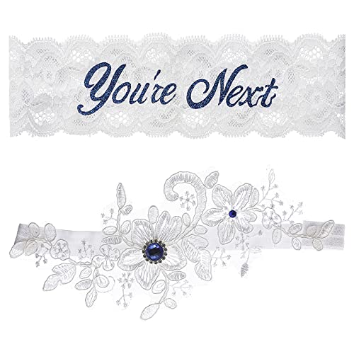 Lace Wedding Garter Set with Blue Rhinestones and Print