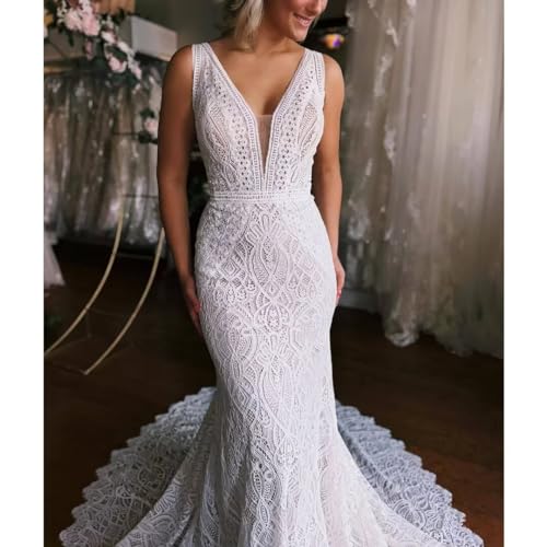 Boho Ivory Lace Mermaid Wedding Dress Size US4
